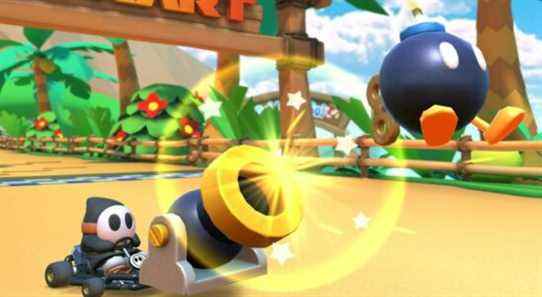 Black Shy Guy using a Bob-Omb Cannon Special Skill in Mario Kart Tour