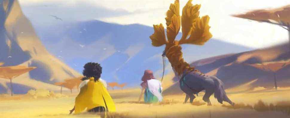 Everwild concept art showing two Eternals and a horned animal walking across a savanna