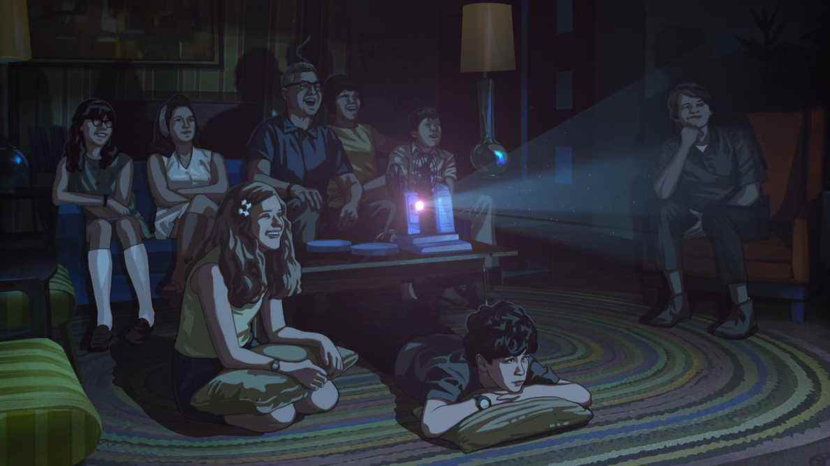 Stanley et sa famille se réunissent dans une pièce sombre pour regarder quelque chose d'un projecteur dans Apollo 10 1/2