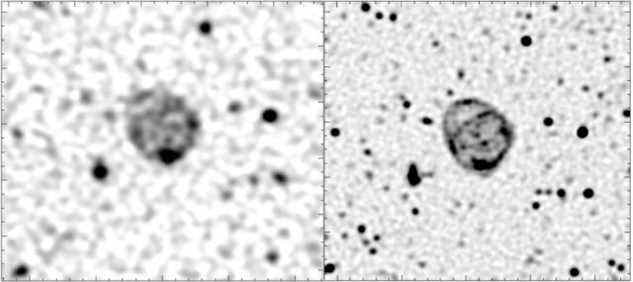(À gauche) La découverte originale d'ORC1 dans les données du radiotélescope ASKAP de l'équipe d'étude scientifique de la carte évolutive de l'univers (EMU).  (À droite) L'observation de suivi d'ORC1 avec le radiotélescope MeerKAT.