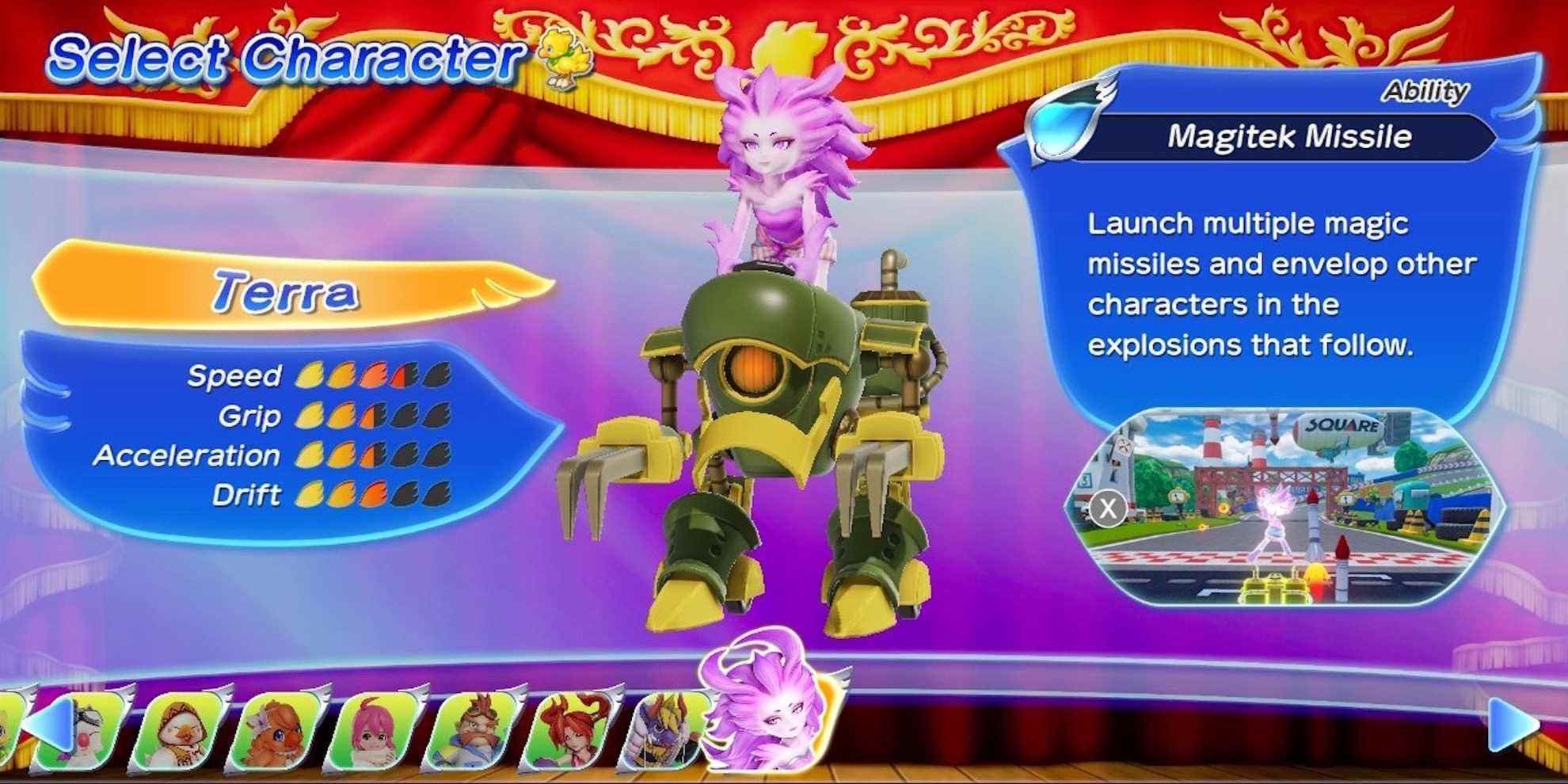 L'écran de sélection de personnage sur Terra dans Chocobo GP