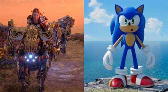 Horizon Forbidden West's Aloy riding a Charger next to Sonic in Sonic Frontiers