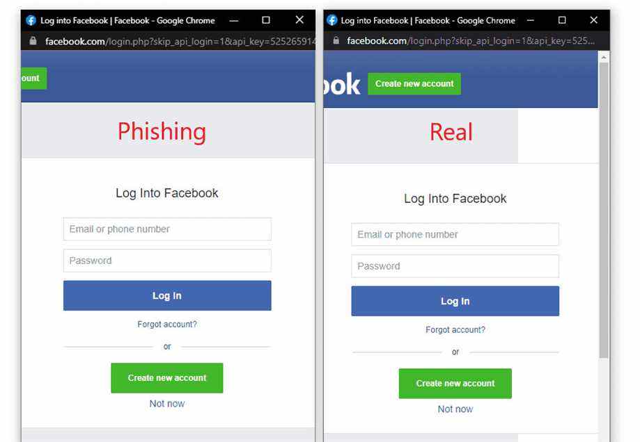 Deux fenêtres pop-up d'authentification unique Facebook, fausses et réelles.  La seule différence est que le vrai peut être défilé.