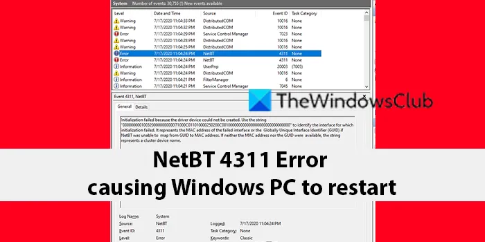 Erreur NetBT 4311 entraînant le redémarrage du PC Windows