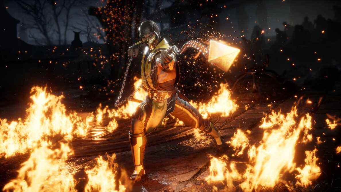 Scorpion jette son kunai vers l'avant dans cette image promotionnelle de Mortal Kombat 11