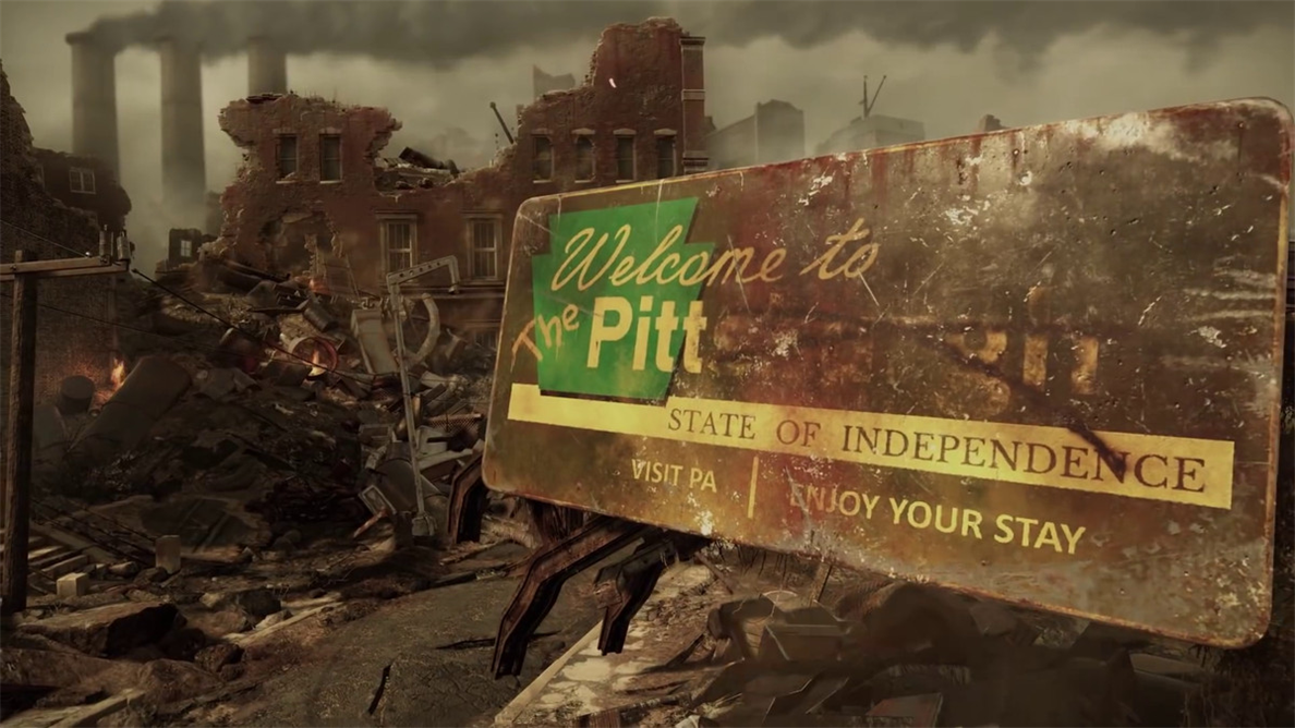 a bombardé Pittsburgh, dans Fallout 76, avec son panneau de bienvenue modifié par les survivants pour dire 