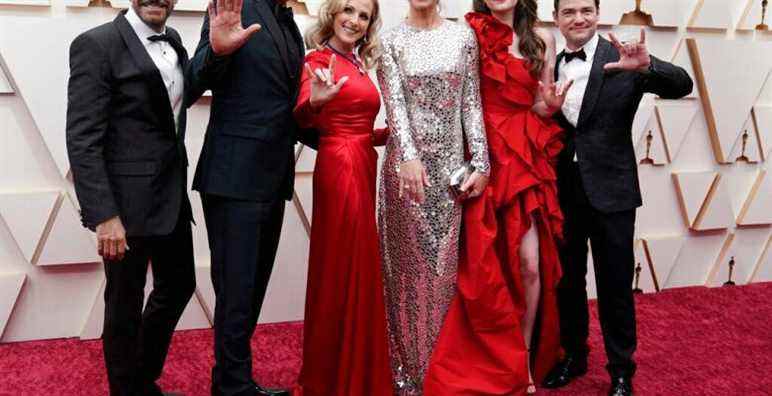 Eugenio Derbez, from left, Troy Kotsur, Marlee Matlin, Sian Heder, Emilia Jones, and Daniel Durant arrive at the Oscars on Sunday, March 27, 2022, at the Dolby Theatre in Los Angeles. (AP Photo/Jae C. Hong)