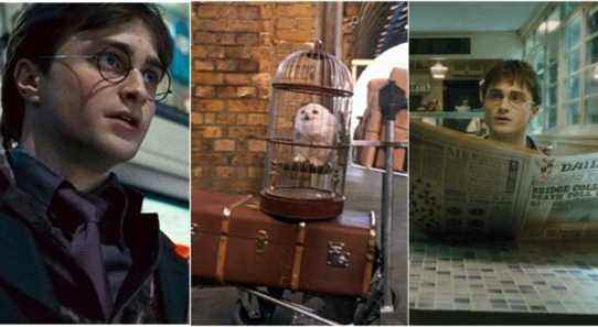Collage of Harry Potter scenes from Movies Harry, Hedwig and Harry REading Daily Prophet
