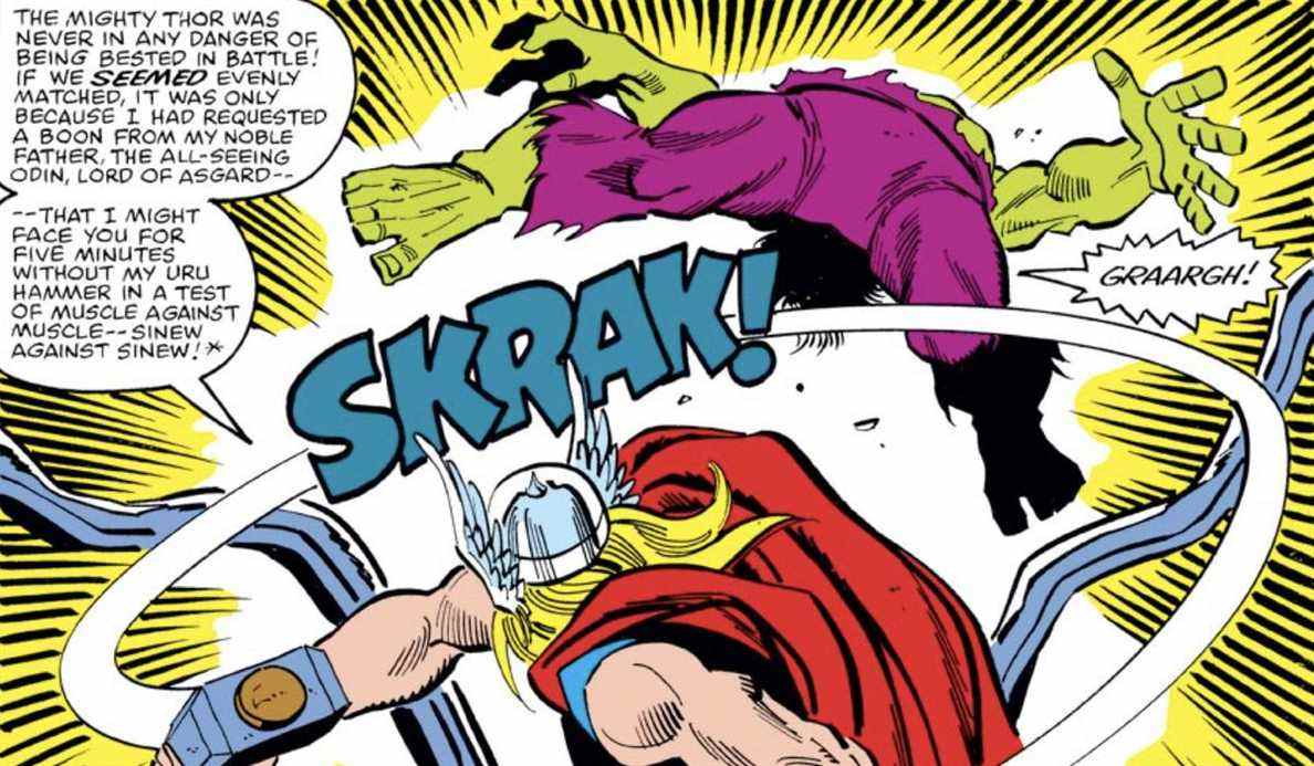 Thor explique que la dernière fois que lui et Hulk se sont battus, son père Odin a réduit ses pouvoirs pour en faire une bataille plus intéressante dans Incredible Hulk # 255 (1981).