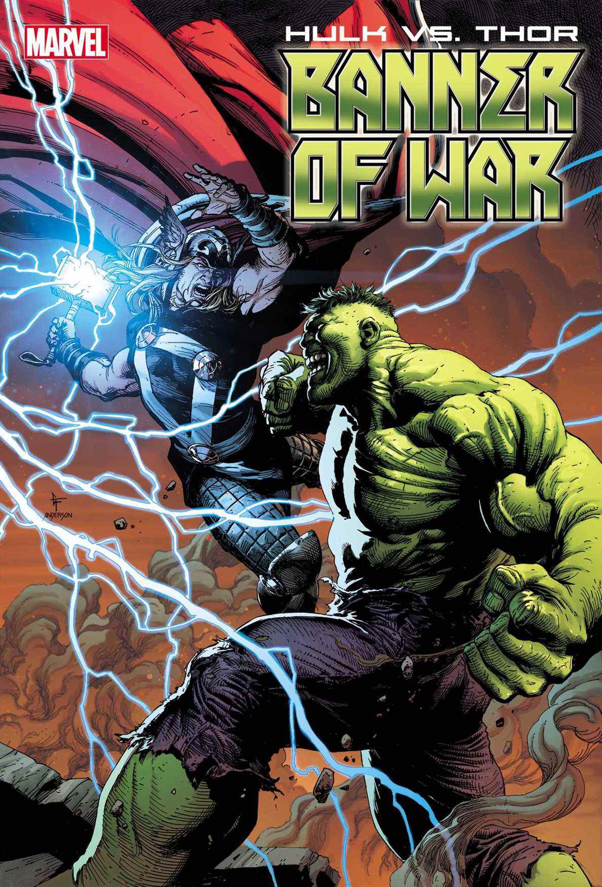 Le marteau de Thor crépite d'électricité alors qu'il le fait tomber sur un Hulk en colère sur la couverture de Hulk contre Thor : Banner of War Alpha 1 #1 (2022). 