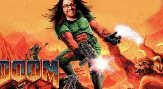 An image showing the iconic Doom cover but with John Romero's head in-place of Doom Guy's.