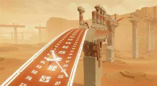The traveller crossing bridges made of fabric in the desert