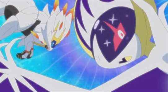 Lunala and Solgaleo looking back in the Pokemon anime
