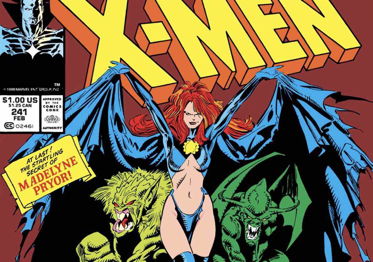 Madelyne Pryor, sous ses traits de reine gobeline, lève sa cape sur deux démons verts hargneux, avec le logo X-Men au-dessus d'elle, de la couverture de Uncanny X-Men # 241 (1989). 