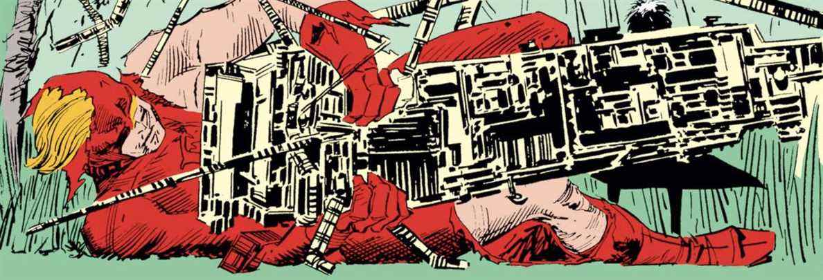 Un Daredevil battu attrape un aspirateur démoniaque à l'aspect sinistre par la gorge et serre Daredevil # 262 (1989). 
