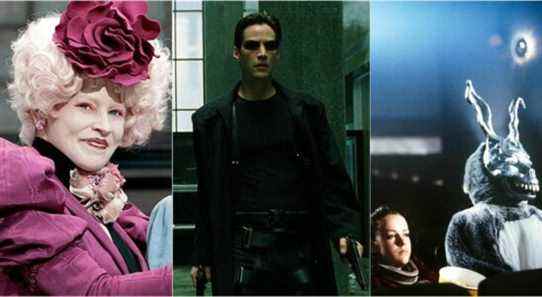 Split image of Donnie Darko rabbit, Neo from the Matrix, Effie from Hunger Games