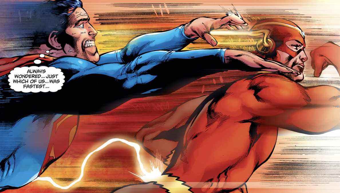 Superman s'efforce de poser une main sur l'épaule d'un Flash qui accélère, pensant 