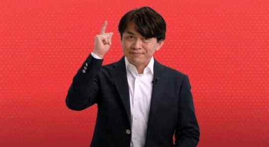 Yoshiaki Koizumi raising a finger during a Nintendo Direct