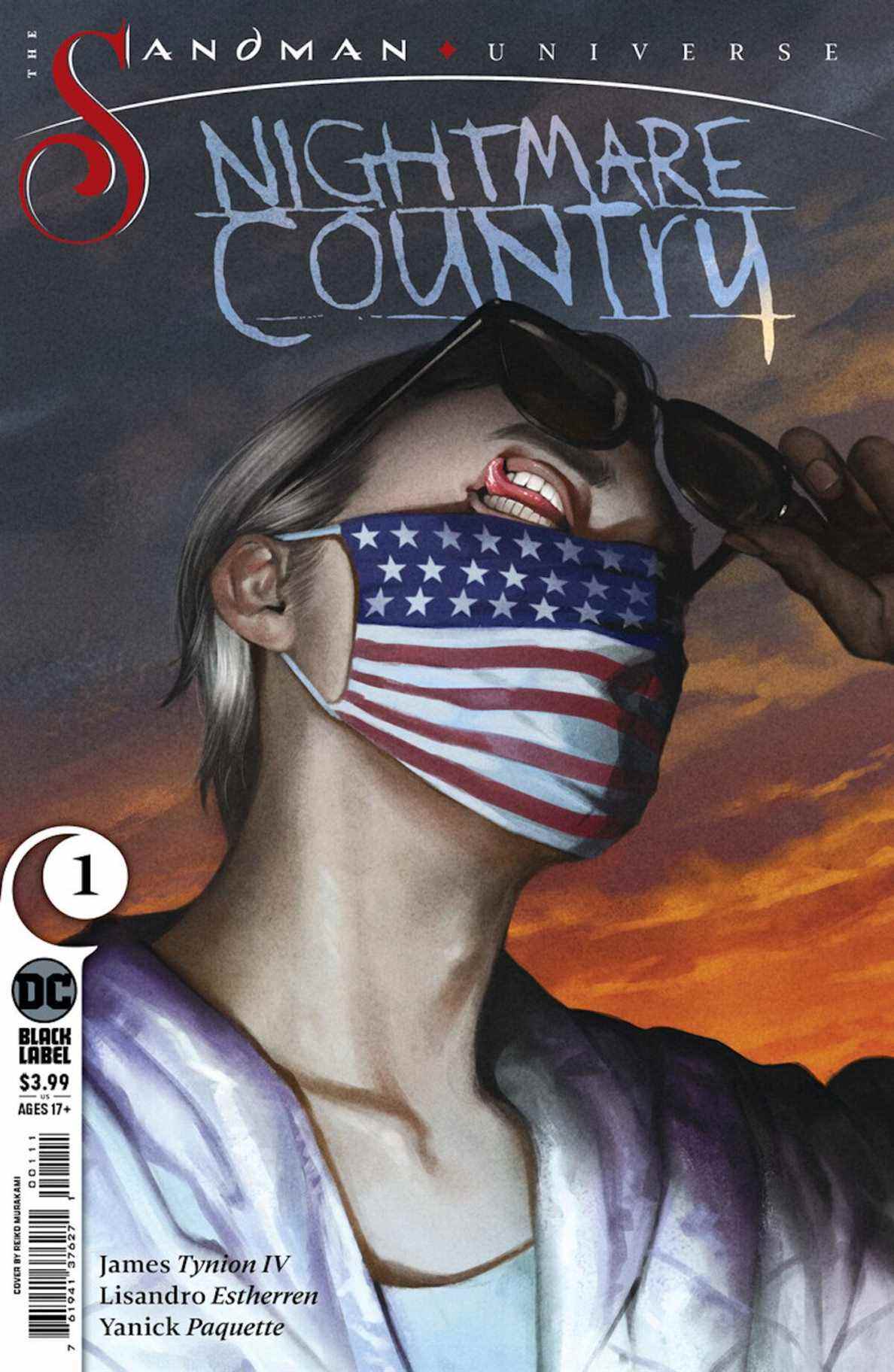 La couverture de Nightmare Country # 1 (2022) montrant The Corinthian portant un masque de drapeau américain, levant ses lunettes de soleil pour révéler qu'il a une bouche pour les yeux.