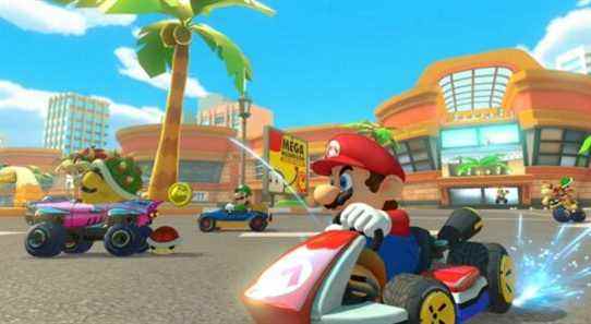 Coconut Mall in Mario Kart 8 Deluxe with Bowser, Luigi, Mario, and Donkey Kong racing