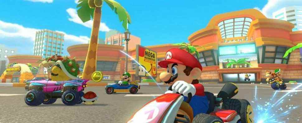 Coconut Mall in Mario Kart 8 Deluxe with Bowser, Luigi, Mario, and Donkey Kong racing