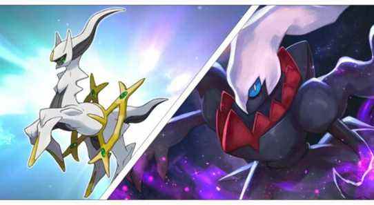 An Image of Arceus, the God of All Pokemon, Spliced Together With An Image Of Darkrai, the Pokemon of Darkness Incarnate.