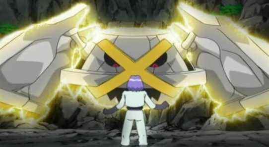 Team Rocket's James confronting a Shiny Metagross in the Pokemon anime