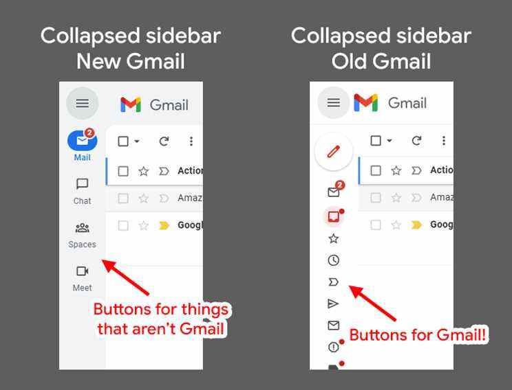 Même si vous appuyez sur le bouton hamburger, le nouveau Gmail affiche toujours la barre d'application.  L'ancien design, même réduit, affichait toujours une icône pour chaque section Gmail.