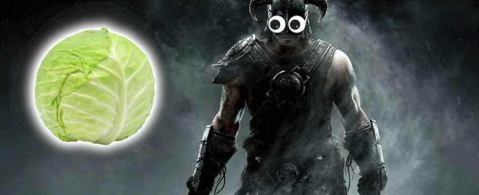 Image from Skyrim showing the Dragonborn staring intently at a large head of cabbage.