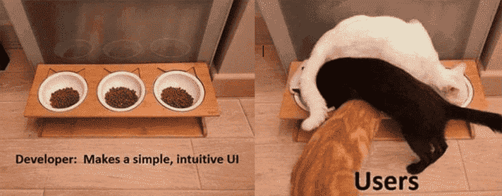 Un mème sur la conception de l'expérience utilisateur mettant en vedette des plats de nourriture et des chats.