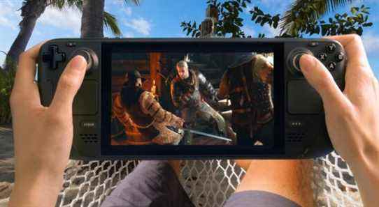 A photo of someone holding a Steam Deck in their hand with a screenshot from The Witcher 3 on the screen.