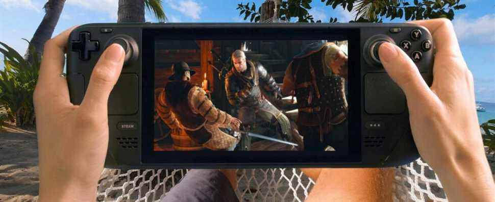 A photo of someone holding a Steam Deck in their hand with a screenshot from The Witcher 3 on the screen.