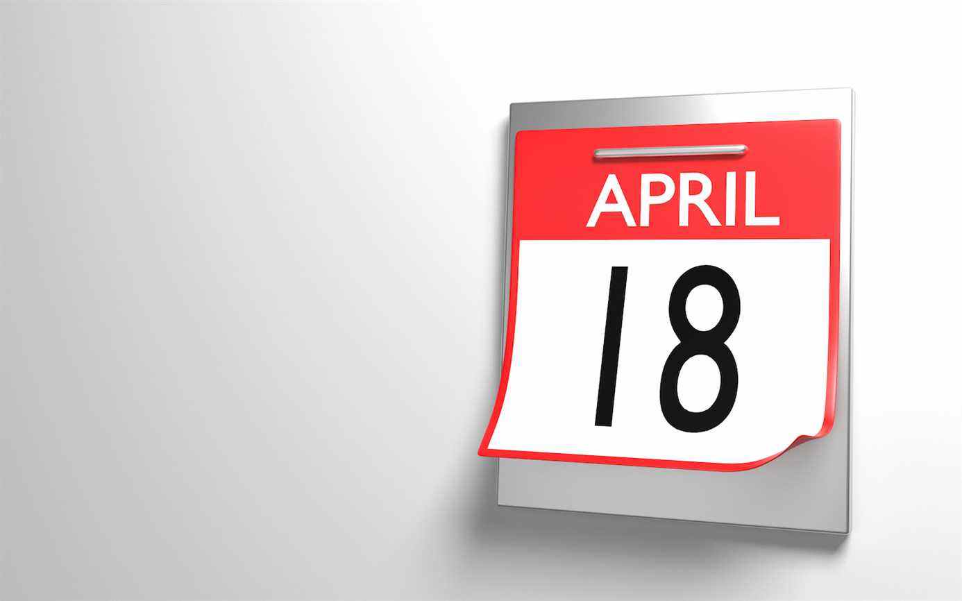 Page de calendrier de bureau du 18 avril pour la journée fiscale américaine isolée sur fond blanc.  Facile à recadrer pour tous vos médias sociaux ou tailles d'impression.