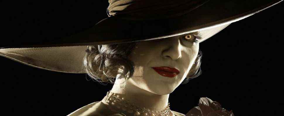 Close up image of Resident Evil 8's Lady Dimitrescu on a black background.