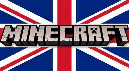 The Minecraft logo with the Union Jack flag behind it.