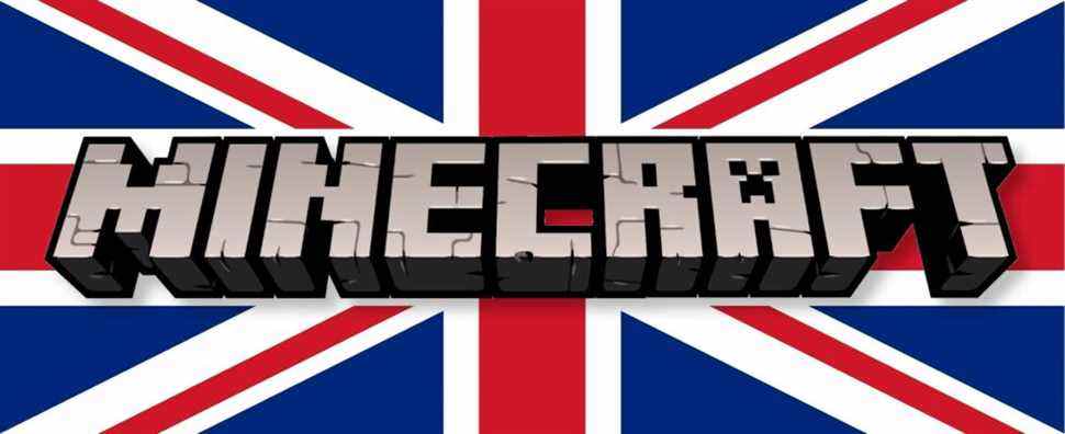 The Minecraft logo with the Union Jack flag behind it.