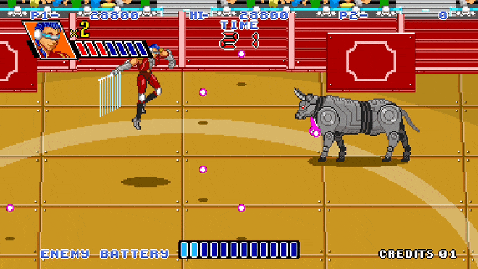 animation montrant un matador déviant les attaques crachées par un robot taureau