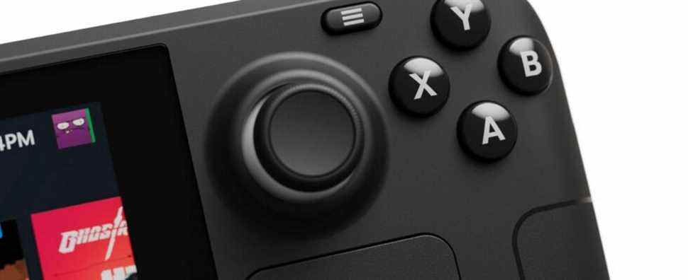 Close up photo of the Valve Steam Deck showing the right-hand buttons and right analog stick.