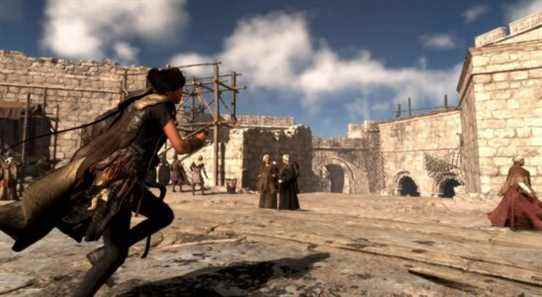 Forspoken's Frey Holland running through a town in Athia