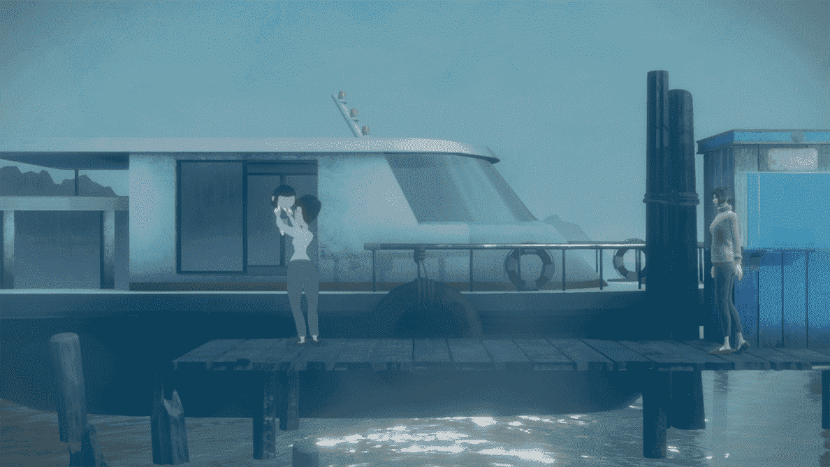 Art 2d et 3d combiné dans une image fixe d'une mère soulevant un enfant sur un bateau, une femme regarde de loin