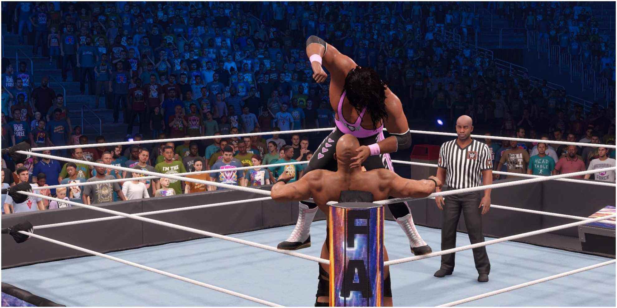 WWE 2K22 Bret Hart attaque Austin dans le coin