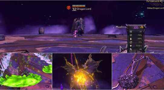 Showcase of various attacks that The Dragon Lord has during his boss fight in Tiny Tina's Wonderlands.