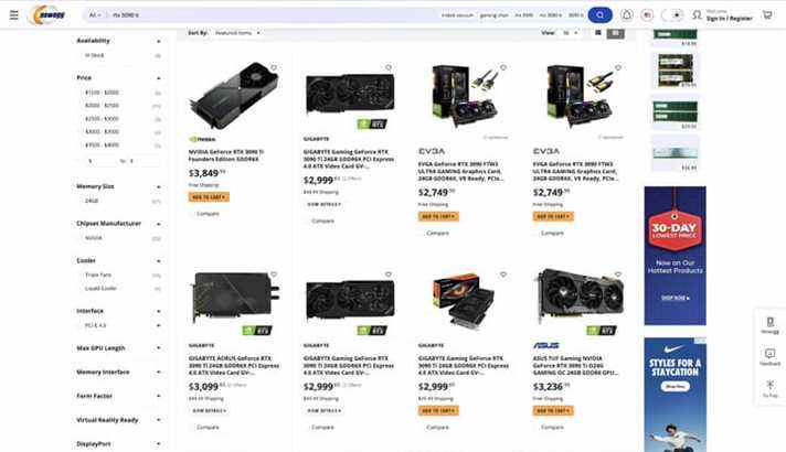 La page produit et les prix sur Newegg pour le GPU Nvidia RTX 3090 Ti.