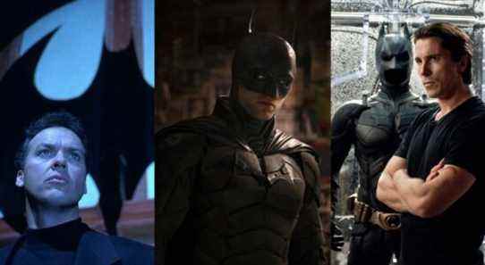Split image of Michael Keaton in Batman Returns, Robert Pattinson in The Batman, and Christian Bale in The Dark Knight Rises