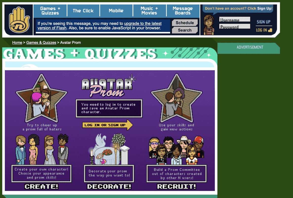Une capture d'écran du site Web de The N, montrant Avatar Prom
