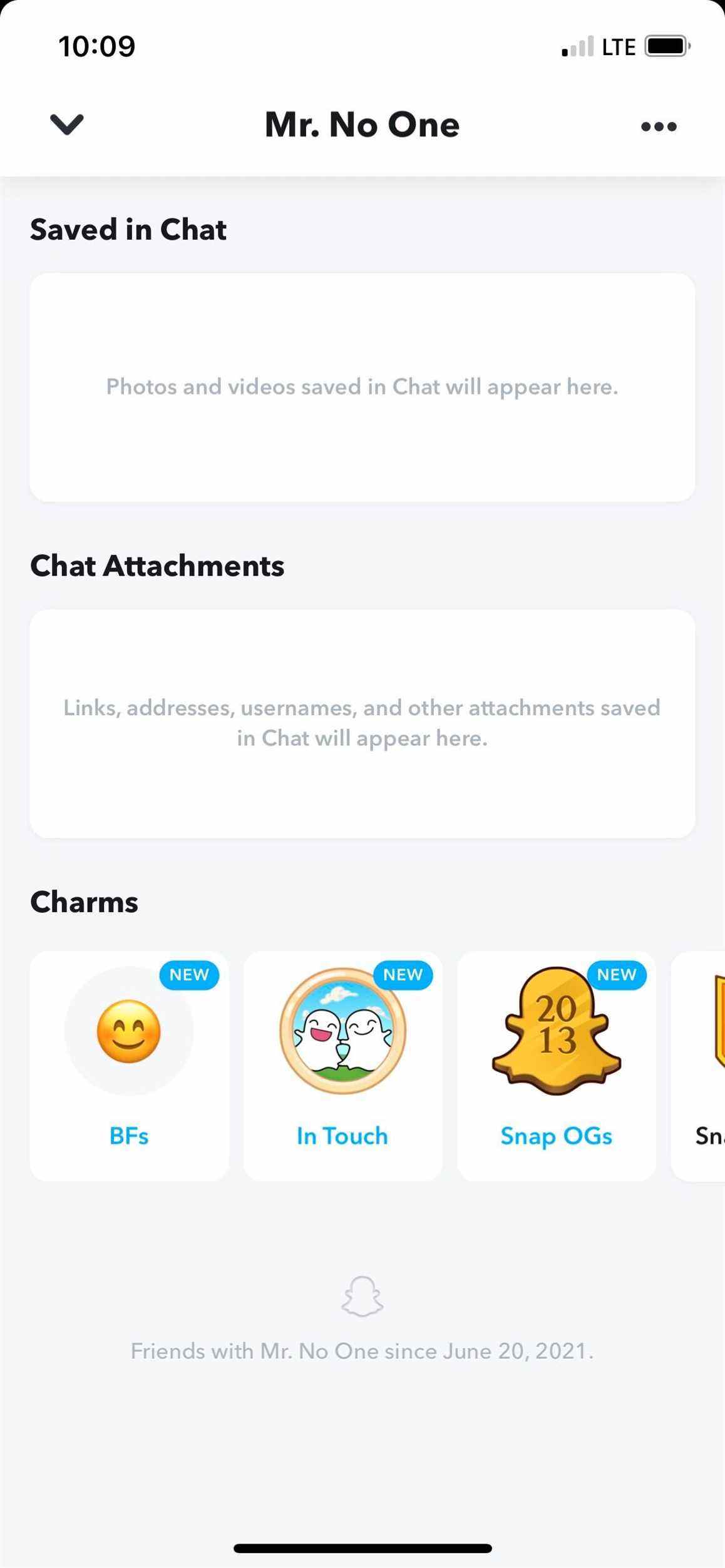 Capture d'écran de la liste des charmes d'amitié Snapchat