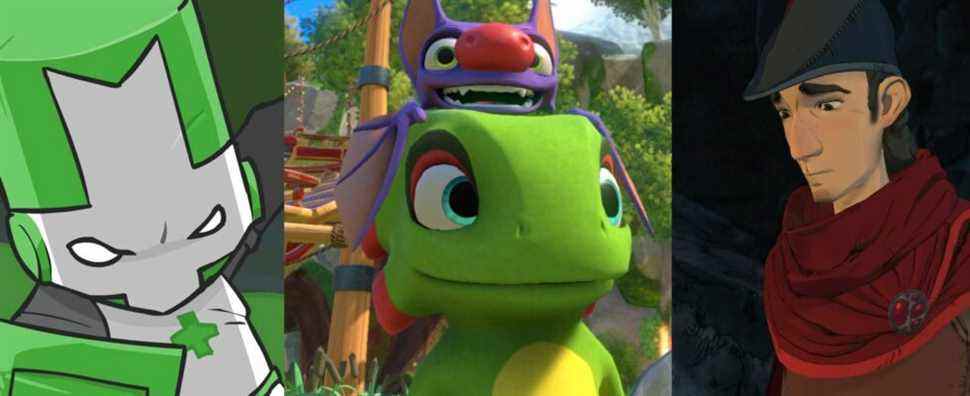 The Green Knight from Castle Crashers; Yooka the Chameleon & Laylee the Bat in Yooka-Laylee; a young King Graham appearing in the King's Quest PC reboot