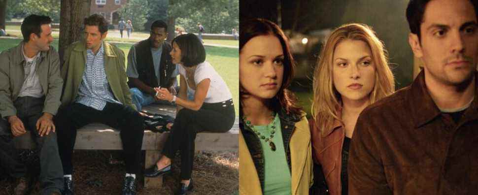 Split image of Dewey, Randy, and Gale in Scream 2 and Kimberly, Clear, and Thomas in Final Destination 2