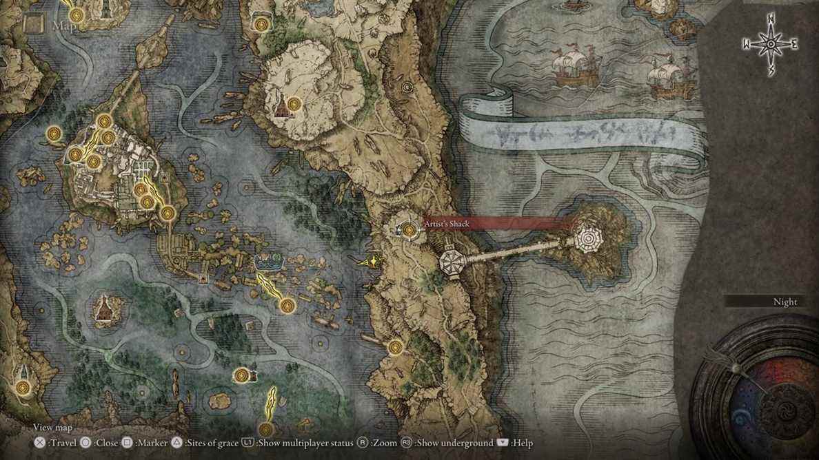 La carte d'Elden Ring, montrant l'emplacement de la cabane de l'érudit à Liurnia des lacs, à l'est de l'Académie de Raya Lucaria