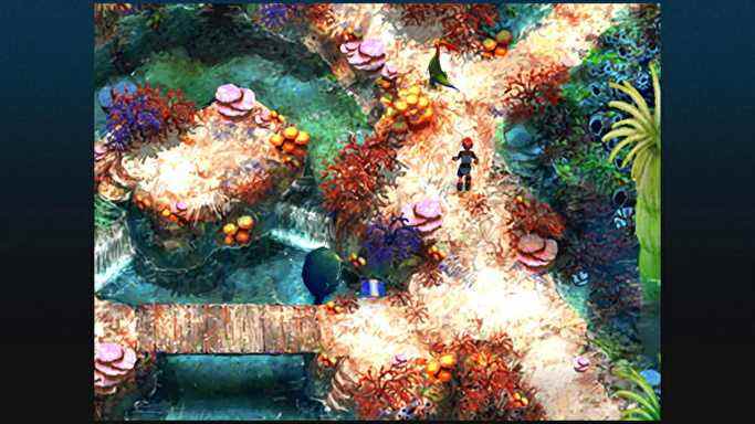 Un garçon traverse une scène de plage de corail dans Chrono Cross: The Radical Dreamers Edition